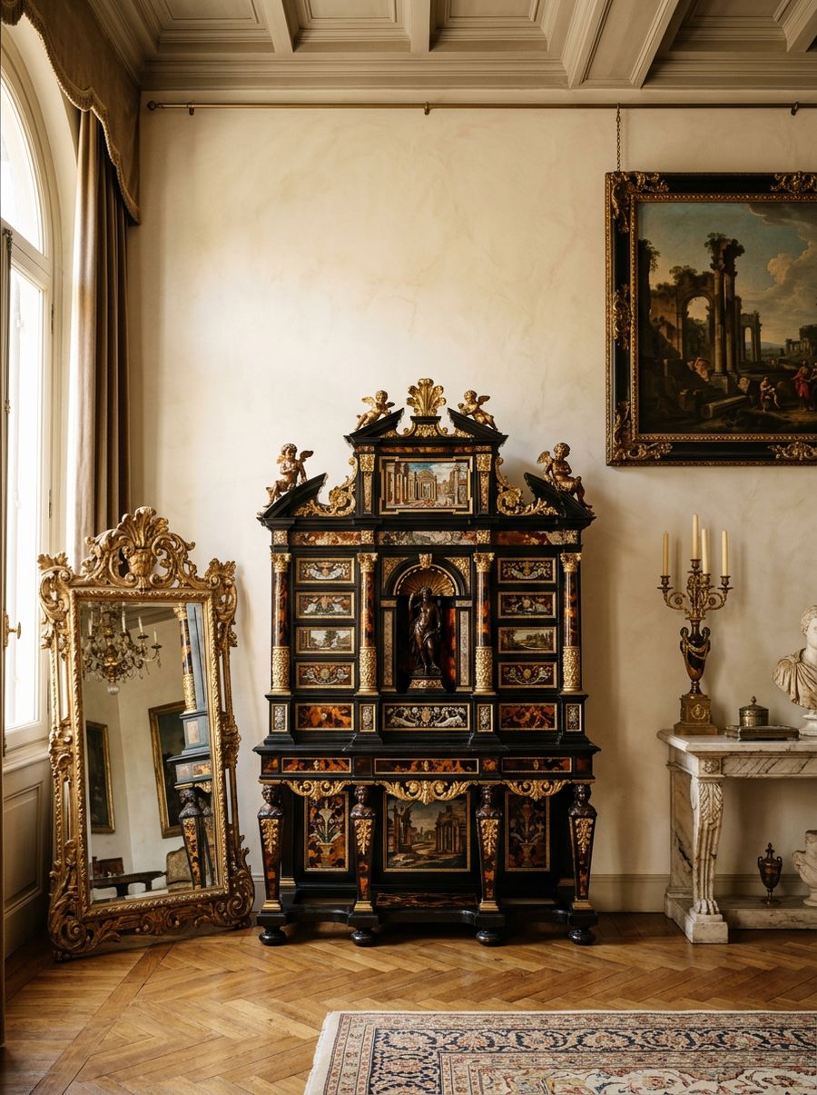 Stipo antico intarsiato con specchiera dorata e dipinto d'epoca